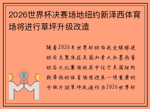 2026世界杯决赛场地纽约新泽西体育场将进行草坪升级改造