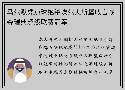 马尔默凭点球绝杀埃尔夫斯堡收官战夺瑞典超级联赛冠军 马尔默凭点球绝杀埃尔夫斯堡收官战夺瑞典超级联赛冠军